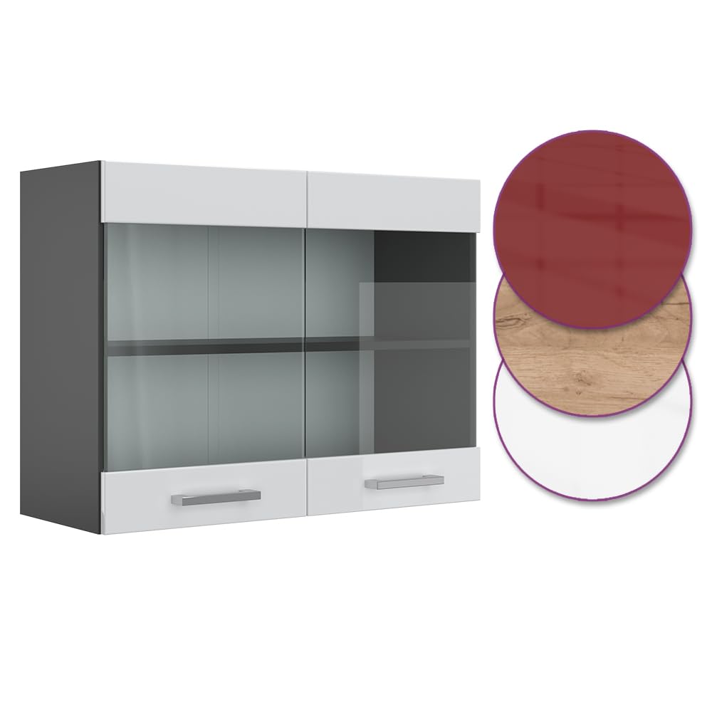 Vicco Armario de Cocina con Vidrio R-Line, Blanco Alto Brillo, 80 cm, para combinación Libre Dentro de Sistemas de Cocina modulares