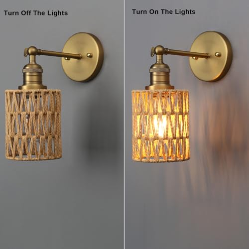 Image of Yosoan Rattan Boho Wrapped Wall Sconce Light, Indoor Hardwired Hand-Woven Farmhouse Vintage Wall Lamps, Brass Handmade Braided Rope Small Straight Shade Wall Mount Fixture for Reading Hallway(Antique)