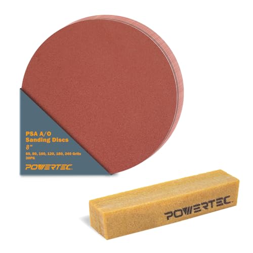 Image of POWERTEC 110542 8 Inch PSA Sanding Discs & Abrasive Cleaning Stick Set | Assorted Sandpaper 30 PCS - 5 Each of 60,80,100,120,180,240 Grits for Drywall, Woodworking, Random Orbital Sanders, DA Sanders