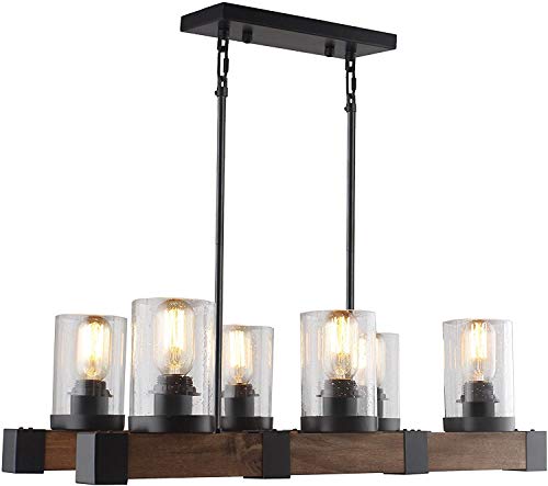 Rectangular Pendant Lighting Chandeliers Kitchen Island Light With Seeded Shade/Lodge Wood Distressed Black And Wood Rustic #TOP1