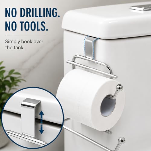 Image of Basicwise Over-The-Side Tank Double Toilet Paper Holder Compact Modern Bathroom Organizer Practical Storage Rack for Extra Rolls Offering Quick & Easy Access for Everyday Use, Silver