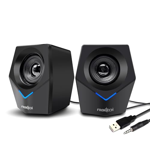 FRONTECH 2.0 Multimedia Speakers: 10W USB-Powered PC/Laptop/Mobile Speakers with 3.5mm AUX & Blue LED Lighting. (SPK-0011)