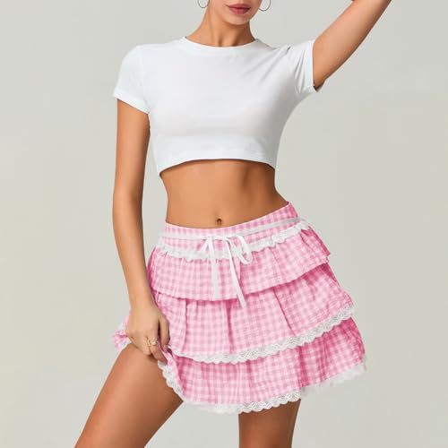 Women Y2K Plaid Pleated Mini Skirts Lace Trim Flowy A-line Layered Gingham Short Skirts Cute Ruffle Going Out Skirts4