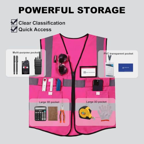 Image of 10 Pack Neon Reflective Safety Vests, Pink High Visibility Construction Vests, Pockets & Zipper Vest for Men & Women