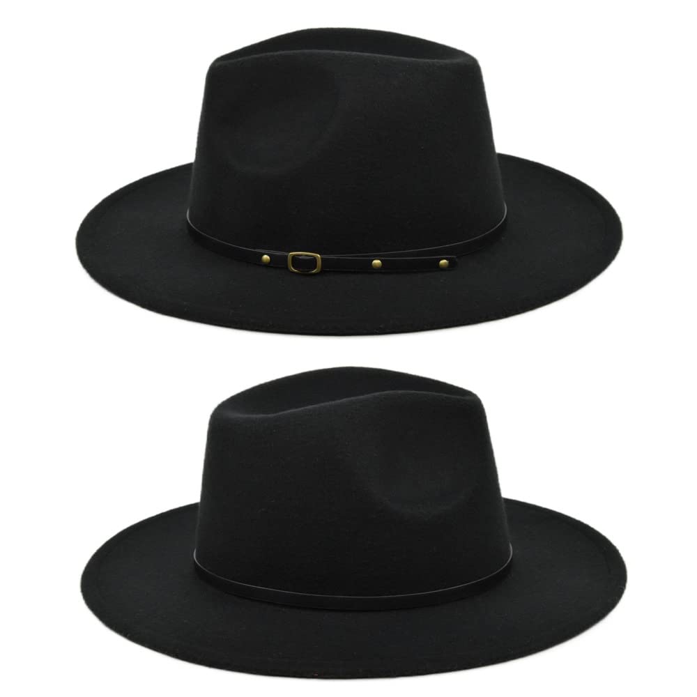 QUUPY Sombrero de jazz clásico para mujeres y hombres, sombrero estilo fedora de ala ancha con hebilla de cinturón de cuero, sombrero de fieltro de Panamá Gatsby, color negro