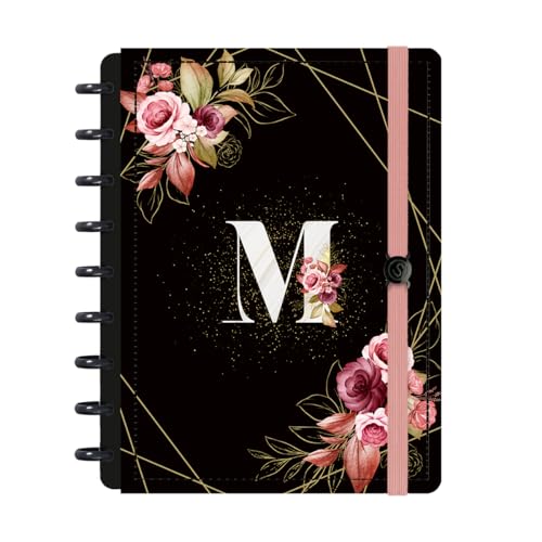 Caderno Disco Inteligente 80 Fls Monograma Floral Letra M (M (17 cm x 23 cm), Preto e Rosa)