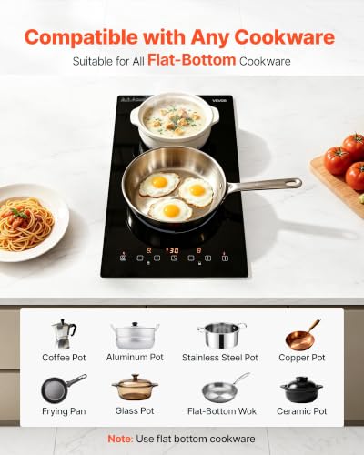Image of VEVOR Electric Cooktop 12inch 2 Burners Stove Top 3000W 220V No Plug, Ceramic Built-in Radiant Electric Stove, with 9 Power Levels, Timer, Child Lock, Over-Heat Guard, Touch Control