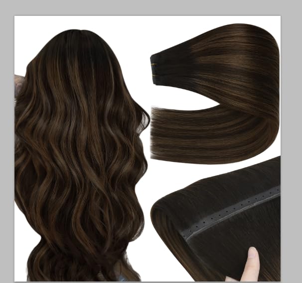 Image of YoungSee Butterfly Weft Human Hair Extensions Dark Brown Balayage Medium Brown Hair Extensions Butterfly Weft with Micro Bead PU Hole Wefts Hair Extensions Balayage Remy Hair 16 Inch 80g