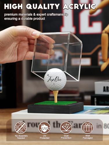 Image of JupDec Golf Ball Display Case Clear Acrylic Memorabilia Stand Cube Holder with Wood Base & Tee, Dust Protection Transparent Storage Box for Single Ball Souvenir Golfball Collections, Black, 1 Pack