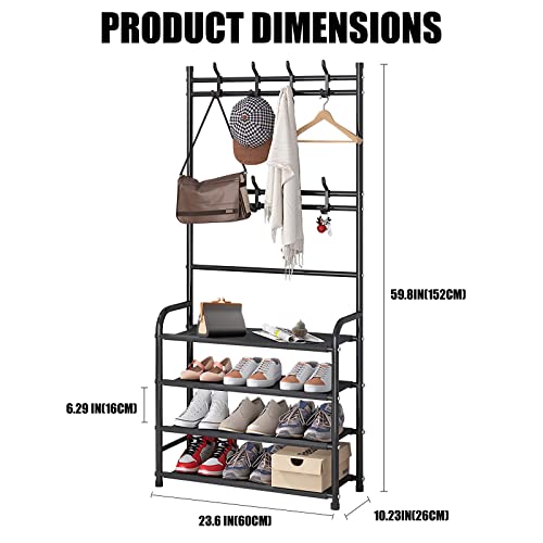 Darsun Entryway Coat Rack, Shoe Rack For Entryway, Coat Rack Freestanding With 4-Tier Storage Shelves And 8 Double Hooks, For Living Room, Bathroom, Hallway, 60Cm/23.6 In #TOP4