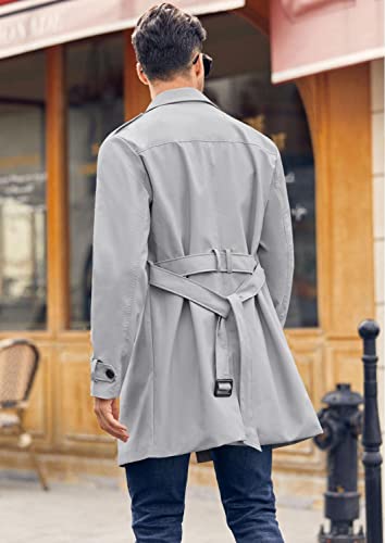 Pretifeel Mens Trench Coat Slim Fit Double Breasted Long Jacket Notched Lapel Belt Fall Windproof Coat Gray #TOP3