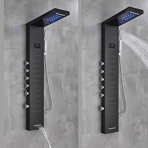 Columna de Ducha LED con Panel de Masaje, Chorro Lluvia y Cascada, Acero Inoxidable Negro, Duchador de Mano miniatura 3