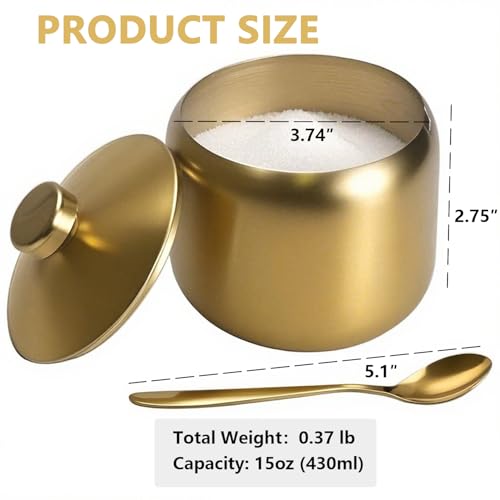 hiwafifi 15oz Sugar Bowl with Lid And Spoon, Stainless Steel Sugar Creamer Container, Round Sugar Jar, Durable Sugar Pot for Coffee Bar Accessories, Coffee Bar Decor, Home and Kitchen Storage, Gold - Thumbnail 6