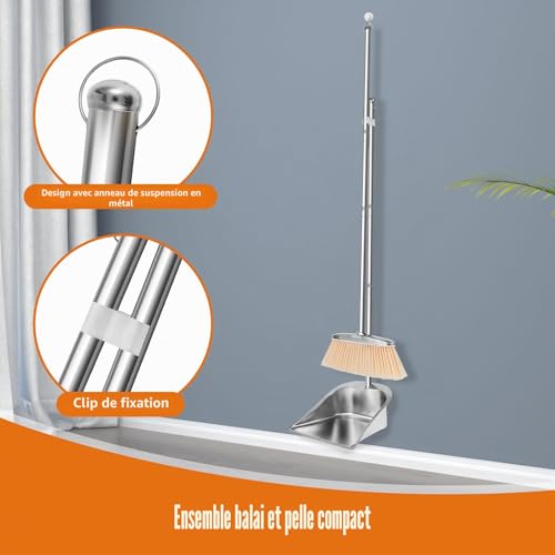 Balayeuse et pelle à poussière - Pelle verticale et balai en acier inoxydable avec manche de 118 cm - Nettoyage à la maison, bureau, véranda, terrasse – vue 8