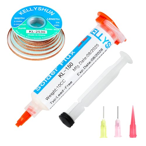 KELLYSHUN KL-150 Flussmittel Löten,10ML No-Clean Bleifreies Kolophonium Flussmittel(1 Stück)2.5MM/3M Entlötlitze(1 Stück) Geeignet Für Handy-Lötungen,BGA,Haushaltsgerätereparaturen
