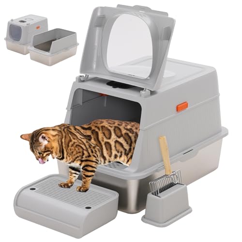 XL Enclosed Stainless Steel Litter Box, Extra Large High Sided Cat Litter Tray with Lid & Metal Litter Scoop &180° Flip Front Door, Easy to Add & Change Litter, Odour Resistant Litter Pan for Big Cats