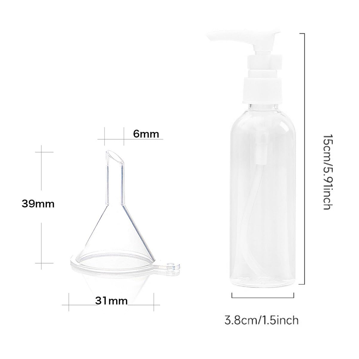 Bottiglia Pompa da Viaggio in Plastica,Dispenser per Lozione,Boccette Contenitori Ricaricabile 6PC Bottiglie da Viaggio Trasparenti 100ml con 2 Piccoli Imbuti per Cosmetici Lozione Bagno Shampoo