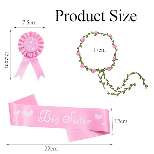 3PCS Big Sister Gifts for Girls,Sister to Be Accessory Set,Including Flower Wreath, Big Sister Satin Sash and Badge Pin for Baby Shower Party Announcement Party Decorations Pink2