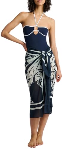 Cotton Chiffon Pareo, Deep Navy/Egret, Ratti Block Palm, One Size