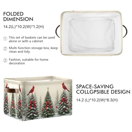 Image of Christmas Tree Cardinals Birds Storage Basket with Waterproof Liner and PU Handles Winter Xmas Tree Bow Storage Bins Boxes 14.2 inch Collapsible Decorative Organizer Baskets for Bedroom Office 2 Pack