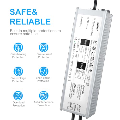 Image of LightingWill LED Driver 250 Watts Waterproof IP67 Power Supply Transformer, 90-265V AC to 12V DC Low Voltage Output, Adapter with 3-Prong Plug 3.3 Feet Cable for Outdoor Use, Computer Project