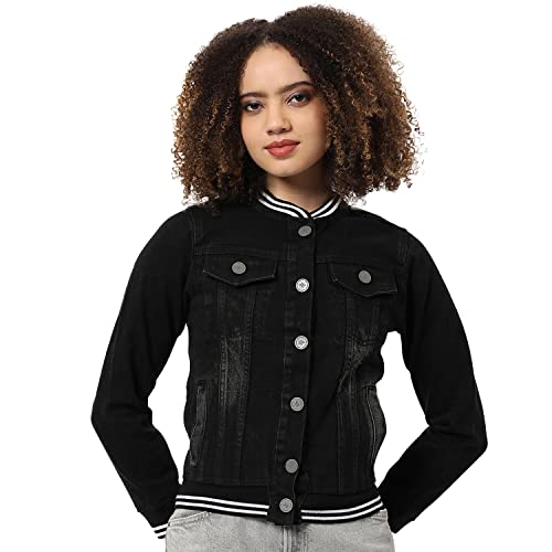 Image of Campus Sutra Women Black Regular Fit Denim Jacket For Winter Wear | Collared Neck | Full Sleeve | Buttoned | Casual Jacket For Woman & Girl | Western Stylish Jacket For Women