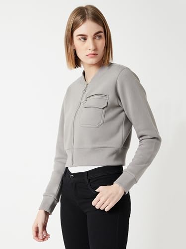 Image of Miss Chase Women's Off White V-Neck Full Sleeves Bomber Cropped Jacket