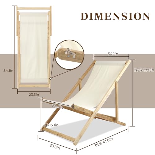 Gowoodhut Set of 2 Lounge Chairs, Adjustable Folding Wooden Sling Chairs for Outdoor and Indoor, Acacia Wood Frame with Oxford Seat, Portable and Space-Saving Design,250 lbs Capacity - Thumbnail 3