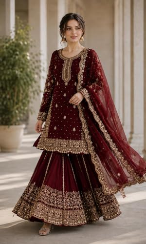 Image of Women's Ethnic Plazzo Suit Set with Kurta & Dupatta | Fendy Fabric Embroidered Kurta Set | Round Neck 3 /4 Sleeve Dress | Elegant Outfit
