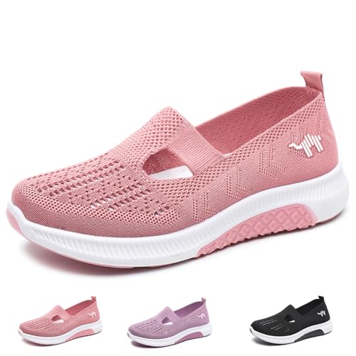 WENOREG Women's Mesh Hollow Out Slip On Walking Sneakers,Adjustable Buckle Non-Slip Soft Bottom Working Lightweight Nurse Shoes (Pink,5,5)