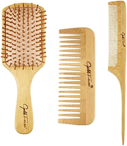 مجموعة مشط الخيزران من ديلفينو، مجموعة مشط من الخيزران الطبيعي فرشاة تدليك خشبية مع مشط واسع الاسنان ومشط العناية للنساء والرجال والاطفال تقلل من تجعد وتدليك فروة الرأس