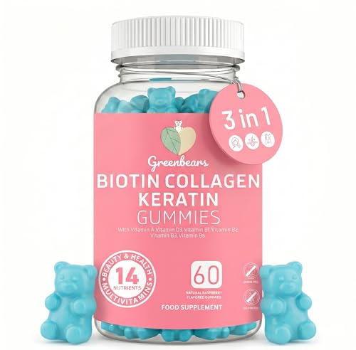 Green Bears Biotin Collagen Keratin Gummies 14-in-1 Hair Skin & Nails Vitamin Complex High Strength Biotin 5000mcg Collagen Keratin 60 Gummies
