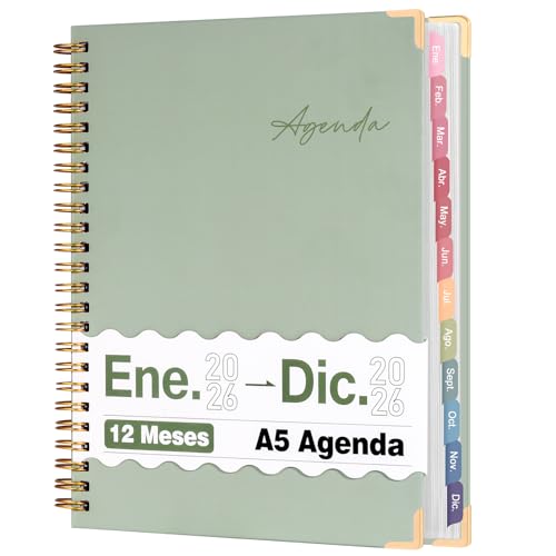 Agenda 2026 en Español(Ene.-Dic) con Planificador Semanal y Mensual | Incluye Pestañas Indexadoras de Colores | Ideal para Organización del Trabajo, Planificación Familiar, Estudio y Entrenamiento