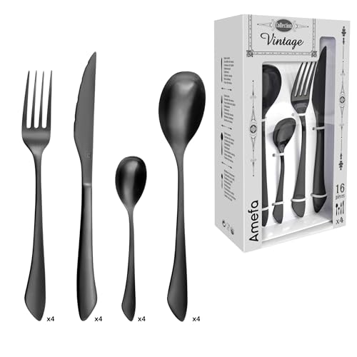 Amefa INSTINCT Besteck Set 4 Personen | 16-teilig | PVD Besteck Schwarz matt im Vintage Style | Besteckset 4 Personen Edelstahl 18/0 matt | je 4x...