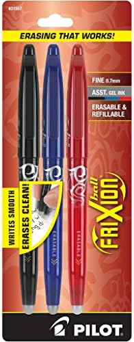 PILOT FriXion Ball Erasable & Refillable Gel Ink Stick Pens, Fine Point, Black/Blue/Red Inks, 3-Pack (31557)