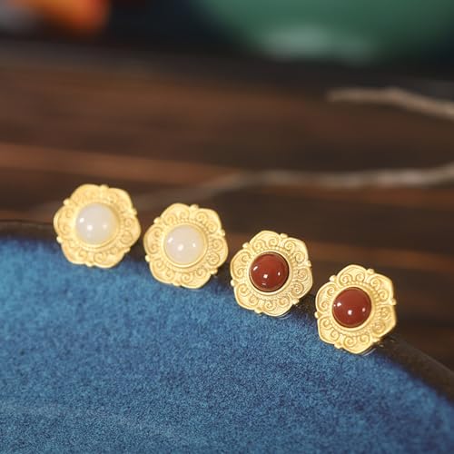 Agate rouge et jade Hetian boucles d'oreilles rondes à offrir