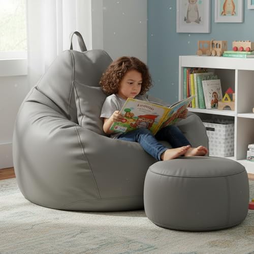 Image of KAM'S LIEU Leatherette Bean Bag Chair with Footrest | Filled with EPS Beans | Comfortable Sofa for Living Room & Bedroom | 4XL Size, Easy to Clean Color- (Grey)