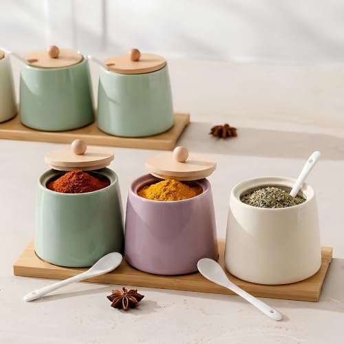 Image of 3-Piece Ceramic Spice Jar Set with Natural Bamboo Lids, Serving Spoons, and Base Organizer Tray, Pastel Multicolor Condiment Pots, 250ml Each for Masala, Sugar, Ghee, Salt, Countertop Storage