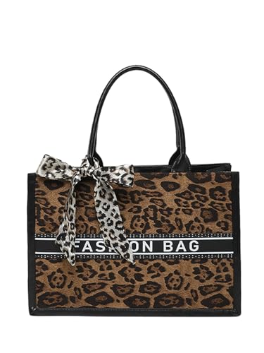 RoseSeek Women's Leopard Letter Graphic Handbag Large Capacity Top Handle Square Tote Bags Brown One Size