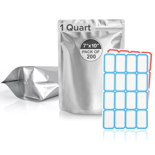 Nyuemystery 200 Pcs 1 Quart Mylar Bags for Food Storage 10 Mil Thick 7x10 Inch Stand-Up Zipper Pouches Airtight Resealable & Heat Sealable for Dehydrated Freeze Dried Grains Long Term Storage
