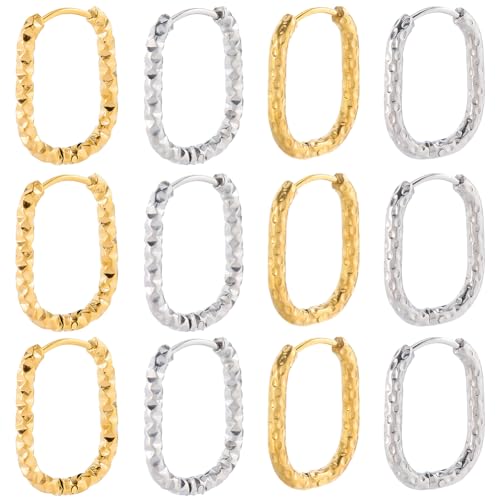 SUNNYCLUE 1 boîte de 8 paires de Boucles D'Oreilles Créoles Ovales en Acier Inoxydable 4 styles Couleur Or Argent Brillant Rectangulaires Tendance pour Boucles...