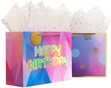16″ Laser Happy Birthday Gift Bag with Tissue Paper, Extra Large Gift Bag for Presents, Large Birthday Gift Bag for Women, Happy Birthday Bag for Girls, Gift Bags Large, Birthday Gift Bags for Kids