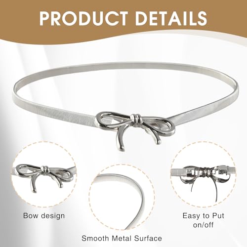 2 Pcs Skinny Waist Belts for Women, Gold and Silver Metal Elastic Waistband, Adjustable Stretchy Thin Chain Belt with Bow-Knot for Women Dresses Formal Jeans Shirt3