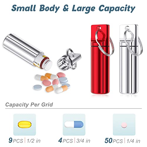 Image of Nipichsha Pill Holder Keychain, Portable Pill Box for Purse, Small Pocket Travel Tablet Organizer Case with Keychain, Waterproof Metal Tablet Medicine Bottle for Travel, Red & Silver