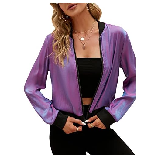MakeMeChic Women's Holographic Contrast Trim Long Sleeve Zip Up Bomber Jacket Purple S