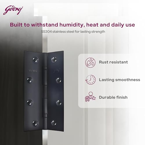 Image of Godrej Door Fittings I Door Butt Ball Bearing Hinge 5 inch x 12 Gauge | Matte Black Finish I 2 Pcs I Heavy Duty SS304 125x75x2.5mm Door Hardware| Premium Kabza for Wooden Doors | 1 Yr Warranty
