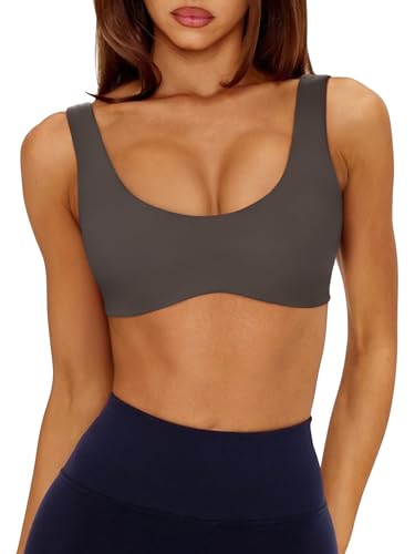 Image of LASLULU Sexy Sports Bras for Women Scoop Neck Sleeveless Padded Bra Workout Yoga Crop Top