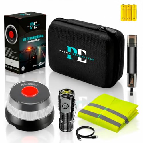 PRIME ESSENTIALS® Baliza V16 homologada dgt con geolocalizador I Luz de emergencia V16 Homologado DGT 3.0 con geolocalización I Exigible a partir de 2026 I Kit de Emergencia Completo Para coche y moto
