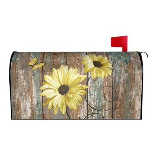 Image of Rustic Daisy Board Mailbox Cover Magnetic, Yellow Sunflowers Vintage Wood Grain Plank Mailbox Wrap Letter Post Box Cover for Yard Garden Outside Home Decor, Standard Size 21x18 Inch