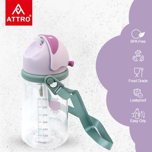 Attro Doddle Kid 450ml Water Bottle with Flip top Lid, Straw & Detachable Nylon Strap BPA Free, Leak Proof Ideal for Kids - Violet - Image 3 thumbnail